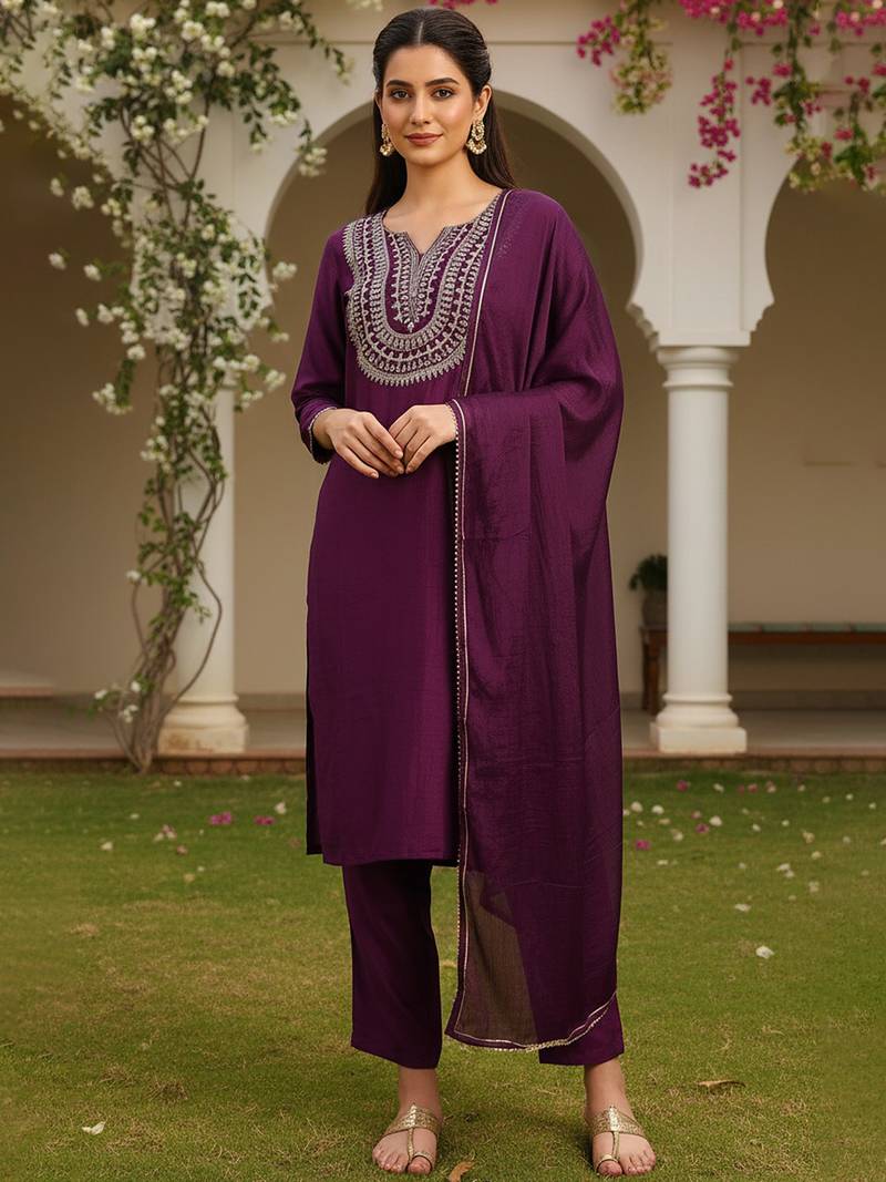 purple color embroidered silk blend styles kurta trouser with dupatta