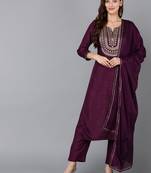 purple color embroidered silk blend styles kurta trouser with dupatta
