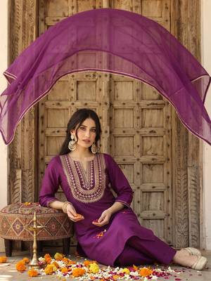 purple color embroidered silk blend styles kurta trouser with dupatta 2