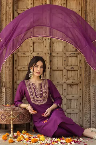purple color embroidered silk blend styles kurta trouser with dupatta