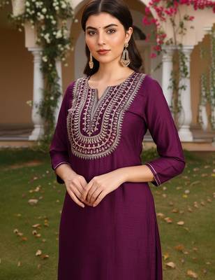 purple color embroidered silk blend styles kurta trouser with dupatta 2