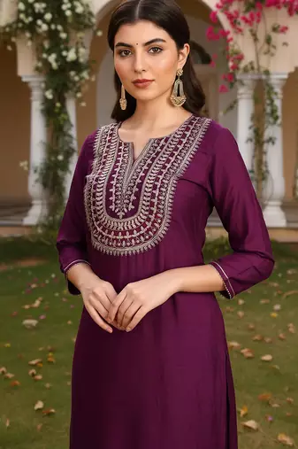purple color embroidered silk blend styles kurta trouser with dupatta