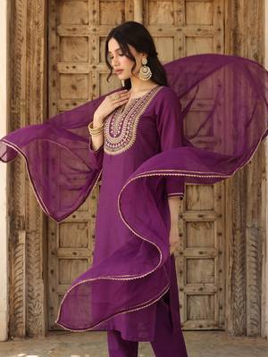 purple color embroidered silk blend styles kurta trouser with dupatta 3