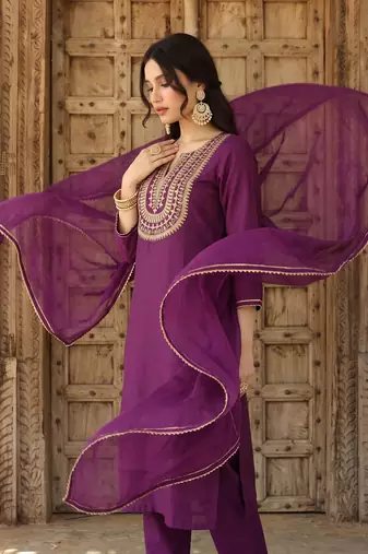 purple color embroidered silk blend styles kurta trouser with dupatta