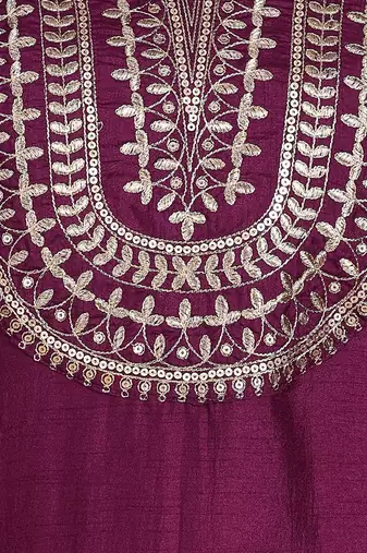 purple color embroidered silk blend styles kurta trouser with dupatta