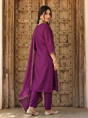 purple color embroidered silk blend styles kurta trouser with dupatta 4