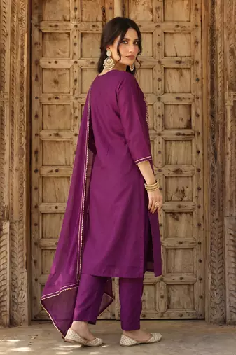 purple color embroidered silk blend styles kurta trouser with dupatta