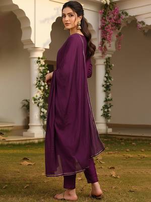 purple color embroidered silk blend styles kurta trouser with dupatta 4