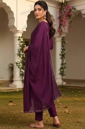 purple color embroidered silk blend styles kurta trouser with dupatta