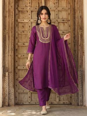purple color embroidered silk blend styles kurta trouser with dupatta 5