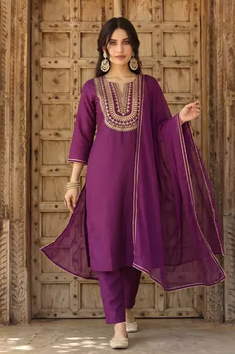 purple color embroidered silk blend styles kurta trouser with dupatta
