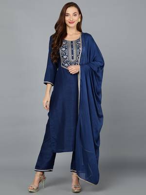navy blue color embroidered silk blend styles kurta trouser with dupatta 1