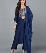 navy blue color embroidered silk blend styles kurta trouser with dupatta