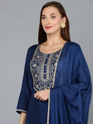 navy blue color embroidered silk blend styles kurta trouser with dupatta 2