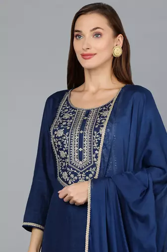 navy blue color embroidered silk blend styles kurta trouser with dupatta