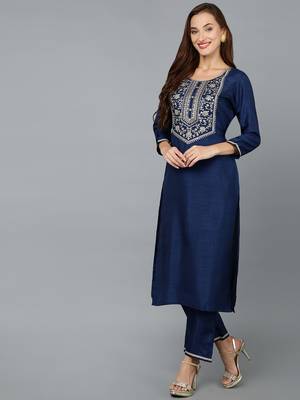 navy blue color embroidered silk blend styles kurta trouser with dupatta 3