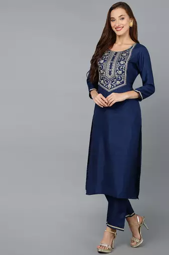 navy blue color embroidered silk blend styles kurta trouser with dupatta