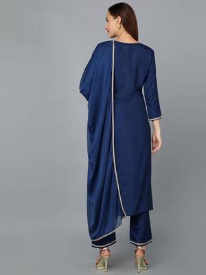 navy blue color embroidered silk blend styles kurta trouser with dupatta 4