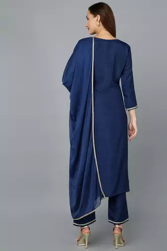 navy blue color embroidered silk blend styles kurta trouser with dupatta