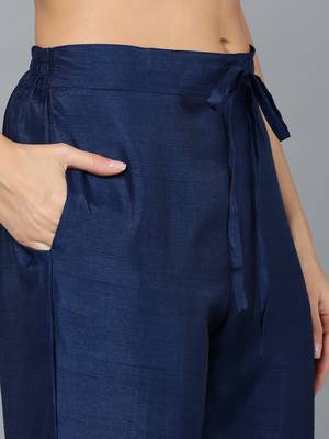 navy blue color embroidered silk blend styles kurta trouser with dupatta 5