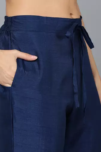 navy blue color embroidered silk blend styles kurta trouser with dupatta