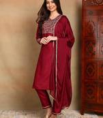 maroon color embroidered silk blend styles kurta trouser with dupatta