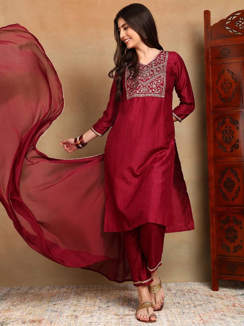 maroon color embroidered silk blend styles kurta trouser with dupatta