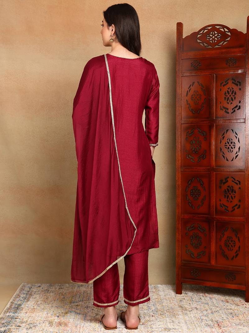 maroon color embroidered silk blend styles kurta trouser with dupatta