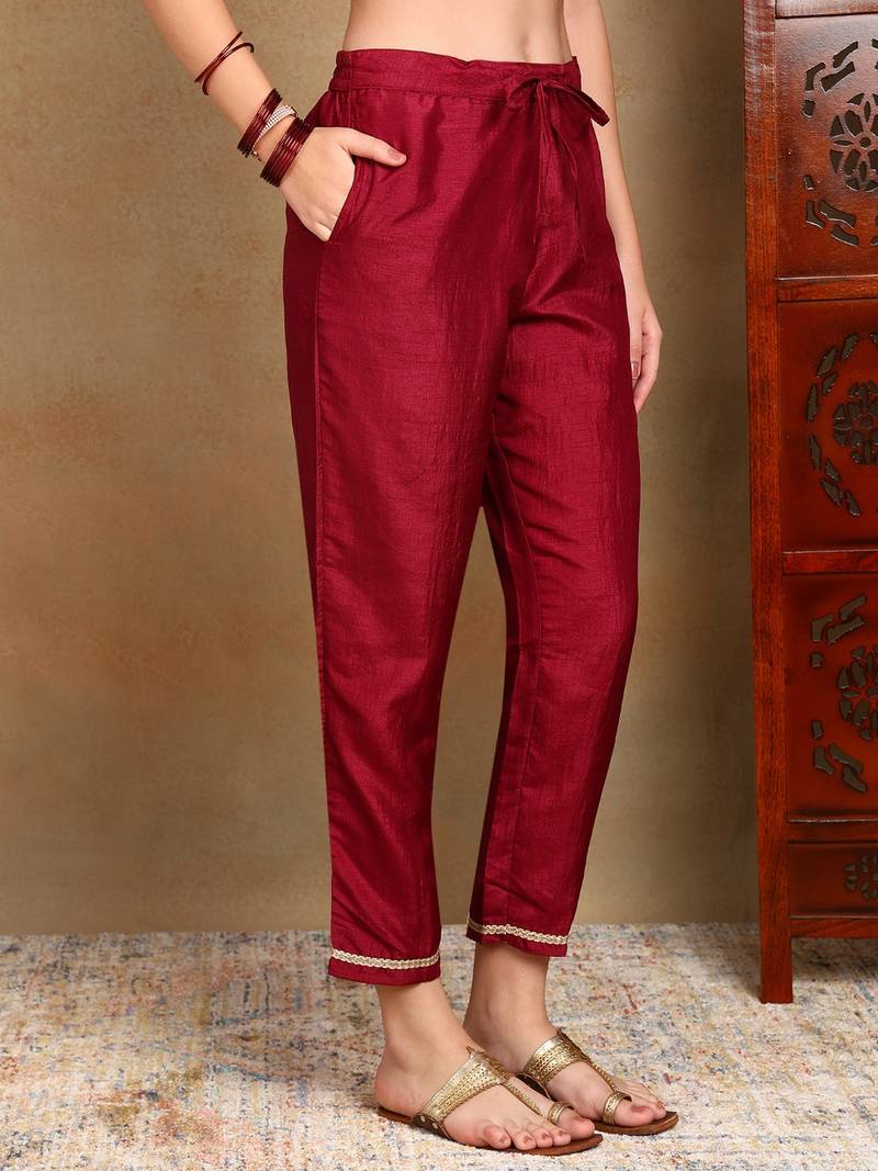 maroon color embroidered silk blend styles kurta trouser with dupatta