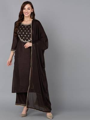 brown color embroidered silk blend styles kurta trouser with dupatta 1