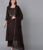 brown color embroidered silk blend styles kurta trouser with dupatta