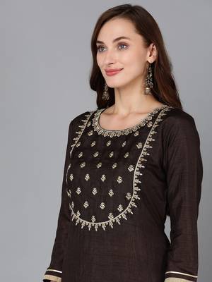 brown color embroidered silk blend styles kurta trouser with dupatta 2