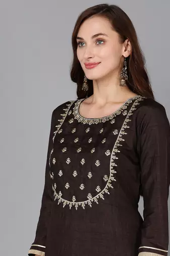 brown color embroidered silk blend styles kurta trouser with dupatta