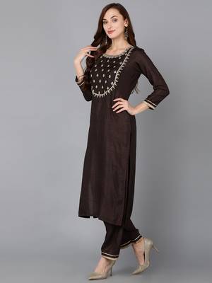 brown color embroidered silk blend styles kurta trouser with dupatta 3