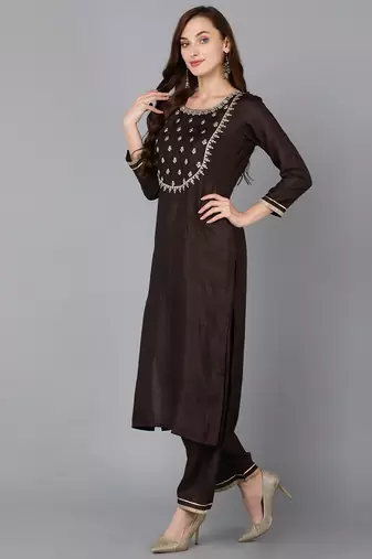brown color embroidered silk blend styles kurta trouser with dupatta
