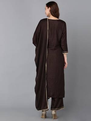 brown color embroidered silk blend styles kurta trouser with dupatta 4