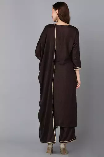 brown color embroidered silk blend styles kurta trouser with dupatta