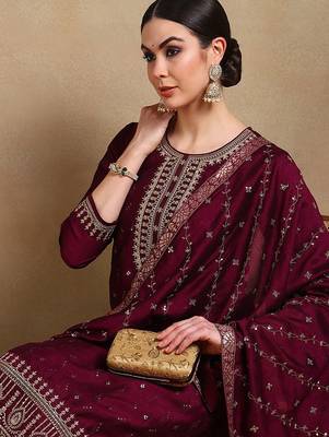 burgundy color embroidered silk blend styles kurta palazzo with dupatta 1
