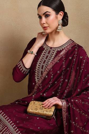 burgundy color embroidered silk blend styles kurta palazzo with dupatta