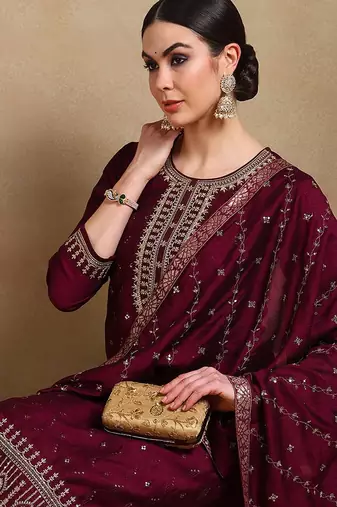 burgundy color embroidered silk blend styles kurta palazzo with dupatta
