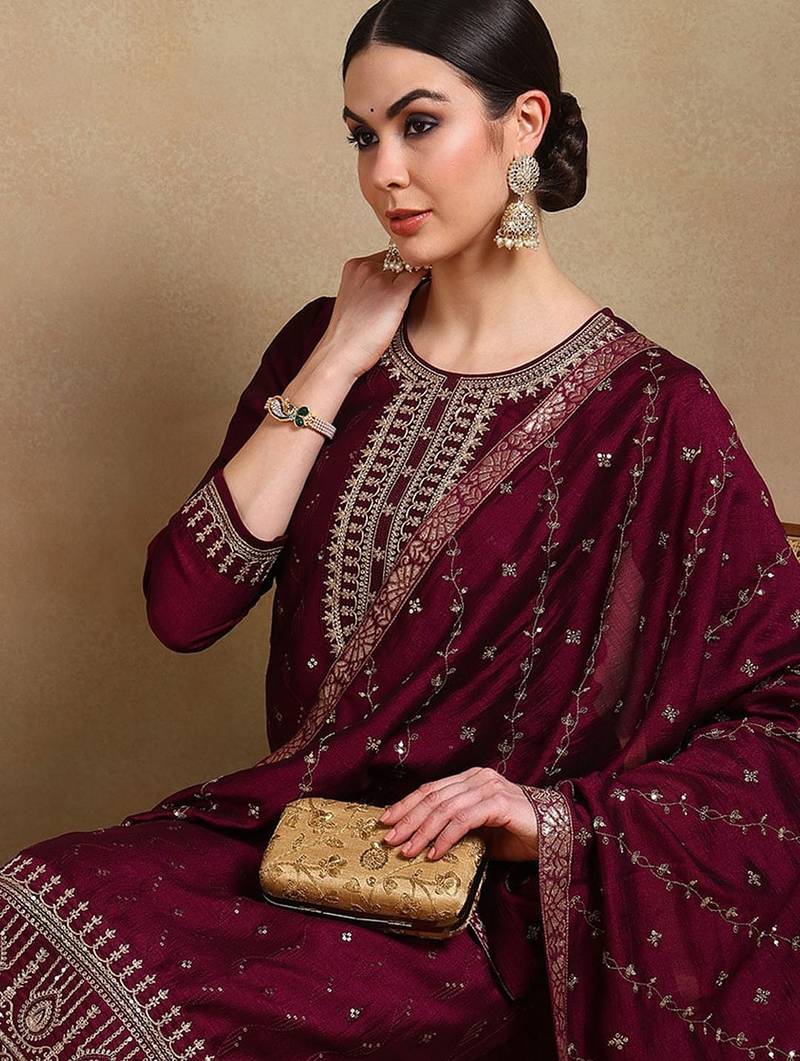 burgundy color embroidered silk blend styles kurta palazzo with dupatta