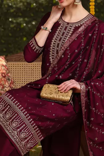 burgundy color embroidered silk blend styles kurta palazzo with dupatta