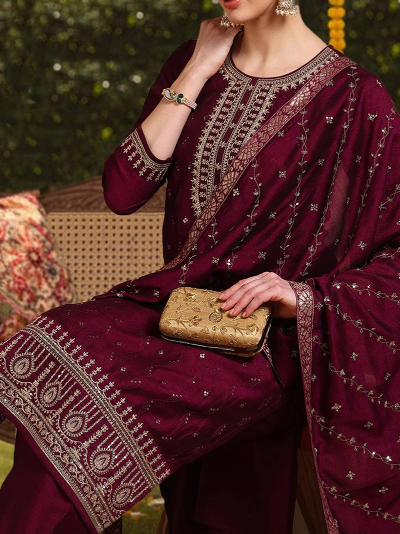 burgundy color embroidered silk blend styles kurta palazzo with dupatta