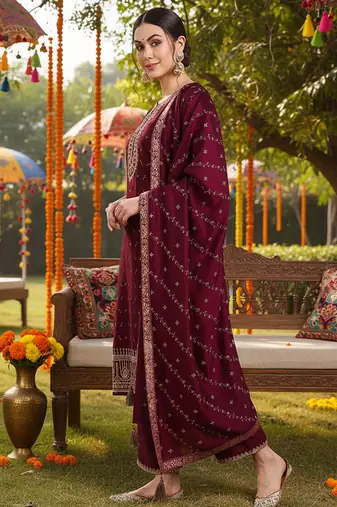 burgundy color embroidered silk blend styles kurta palazzo with dupatta