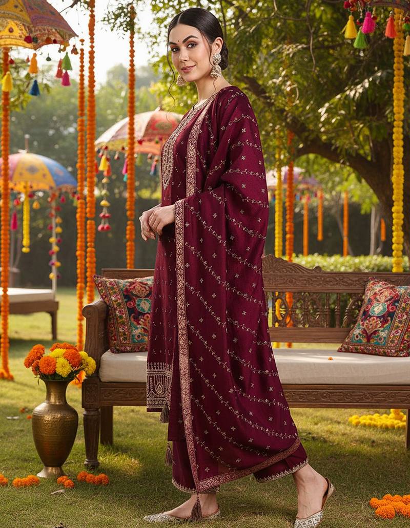 burgundy color embroidered silk blend styles kurta palazzo with dupatta
