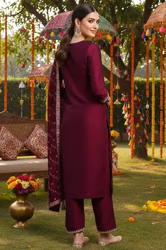 burgundy color embroidered silk blend styles kurta palazzo with dupatta