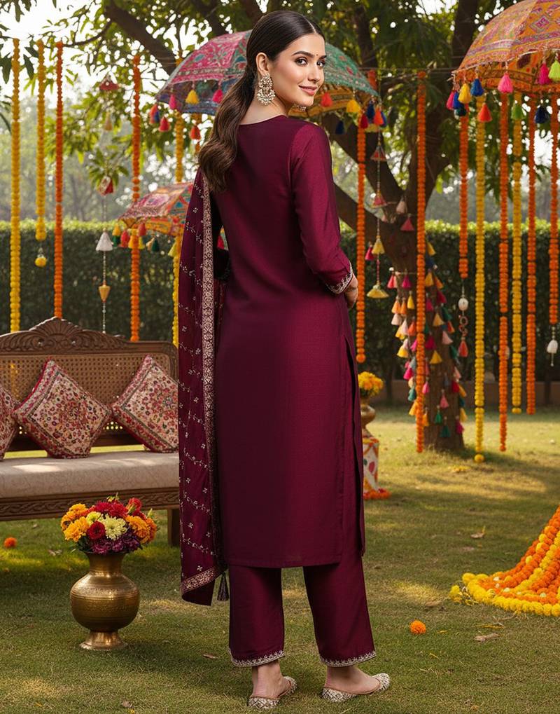 burgundy color embroidered silk blend styles kurta palazzo with dupatta