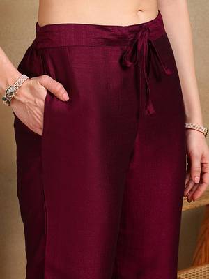burgundy color embroidered silk blend styles kurta palazzo with dupatta 5