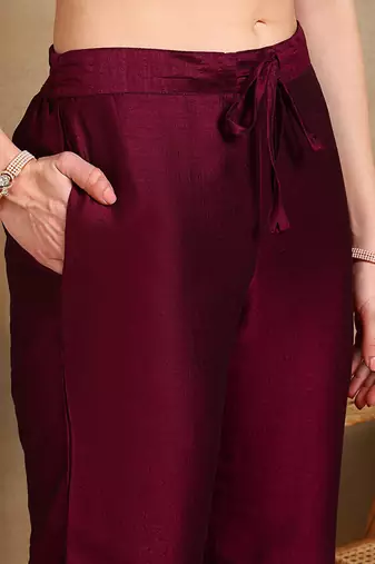 burgundy color embroidered silk blend styles kurta palazzo with dupatta