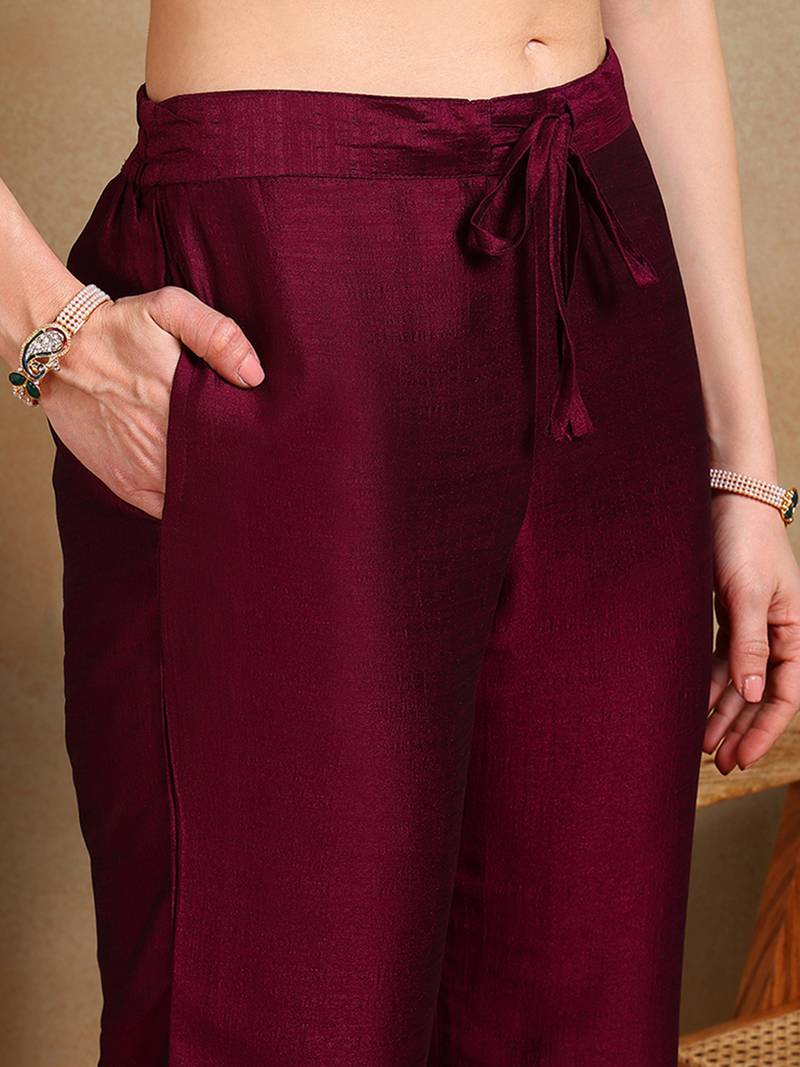 burgundy color embroidered silk blend styles kurta palazzo with dupatta